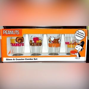 Peanuts Thanksgiving Theme Glass Cups with Coasters